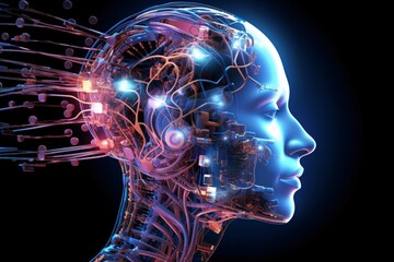 Fototapeta premium Cyborg man. Cyborg head. Cybernetic organism. Mechanical robot. Future technologies. Artificial intelligence.