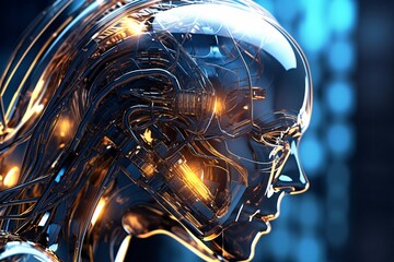 Cyborg man. Cyborg head. Cybernetic organism. Mechanical robot. Future technologies. Artificial intelligence.