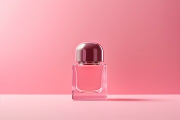 Minimalist pink nail polish bottle on flat pink background. Generative AI