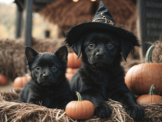 Pair of Black Puppies Enjoying Halloween on the Farm