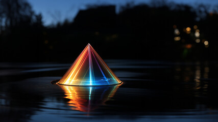 Futuristisches Gebäude einer Pyramide mit grandiosen bunten LED Lichter, ai generativ - obrazy, fototapety, plakaty
