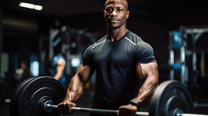 Fototapeta na wymiar Black man lifting weights, concentraded, doing strength, gym, making effort