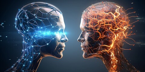 3D rendering of two cyborgs looking at each other on digital background. 3d rendering humanoid robot heads with artificial intelligence in cyberspace