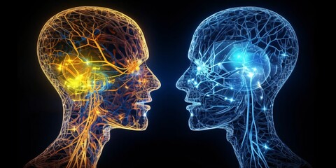 3D rendering of two cyborgs looking at each other on digital background. 3d rendering humanoid robot heads with artificial intelligence in cyberspace