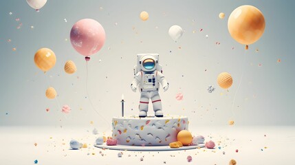 Birthday party with a colorful delicious cake and a little astronaut who won his birthday in space. Balloons, confetti and fun. - obrazy, fototapety, plakaty
