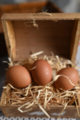natural chicken egg on wooden table, rustic free range chicken natural farm food yolk and white of bird animal