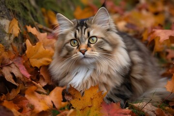 Naklejka na ściany i meble Cute kitty on fall leaves. Generative AI