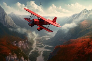 Fototapeta na wymiar Red biplane soaring above a mountain range in a beautiful digital painting. Generative AI