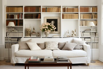 White sofa with bookshelf behind it. Generative AI