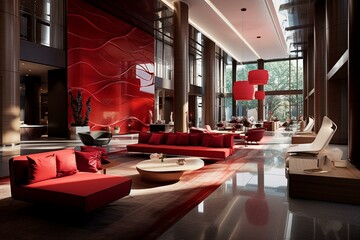 Contemporary hotel lobby with a vibrant red theme. Generative AI