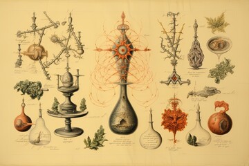 Symbols of alchemy and magic on ancient scrolls 