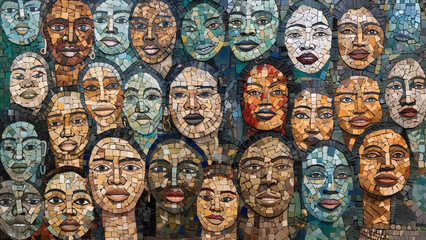 A mosaic of multicultural faces, illustrating the global diversity of humanity, highlighting unity, and cultural richness. An ode to the beauty of inclusivity.