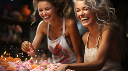 Obraz na płótnie Canvas Women having a good time while cooking