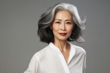 Stylish confident adult 50 years old asian woman looking at camera on light background. Middle-aged women with silver gray short hair. Beauty, skin care, spa concept. Plastic surgery
