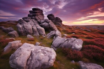 Desktop wallpaper of a purple landscape with rocks. Generative AI