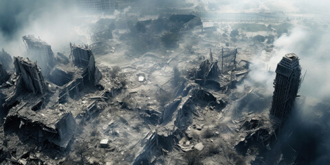 Aerial view of destroyed city streets, modern buildings ruins due to war, concept of destruction, desert, apocalypse.