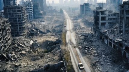 Aerial view of destructions and tall buildings ruins in destroyed city - obrazy, fototapety, plakaty