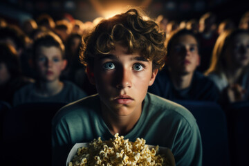 Shocked teen watches horror movie, portrait of scared boy in cinema