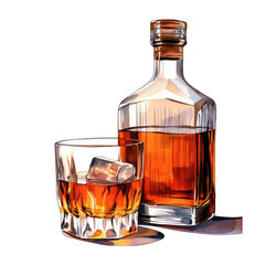 Bottle and glass of whiskey, isolated on transparent background