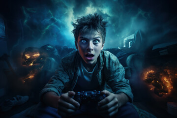 Scared excited gamer plays horror video game, face of shocked teen boy