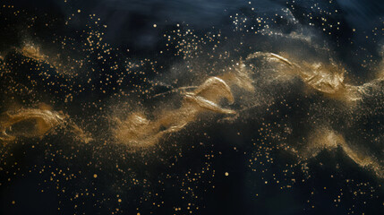 Swirl of gold particles and dust, shiny powder on dark background