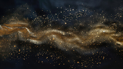 Gold paint splatters and powder on dark material, texture background