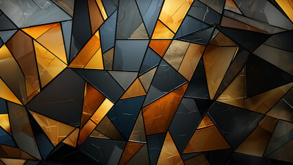 Abstrakte kunstvolle geometrische Teile in gold schwarz als Hintergrund Motiv Nahaufnahme Querformat für Banner, ai generativ - obrazy, fototapety, plakaty