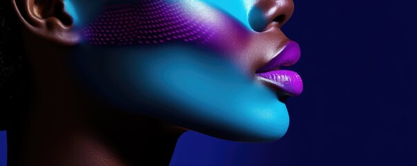 Fashion female model in colorful bright neon blue and purple lights. Close up view of beautiful woman lips. Glitter vivid neon makeup, trendy glowing make-up concept