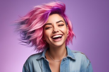 Beautiful fashion girl with colorful hair, beautiful lips and makeup. Bright multi-colored flying hair. Woman with perfect hairstyle. Hair professional coloring concept. Unicorn and rainbow hair - obrazy, fototapety, plakaty