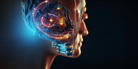 Digital futuristic hearing aid. Cybernetic ear. Hearing prosthesis. Cyber ​​technology, Biotechnological device.