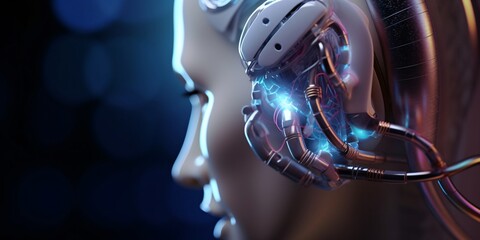 Fototapeta premium Digital futuristic hearing aid. Cybernetic ear. Hearing prosthesis. Cyber ​​technology, Biotechnological device.