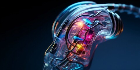 Digital futuristic hearing aid. Cybernetic ear. Hearing prosthesis. Cyber ​​technology, Biotechnological device.