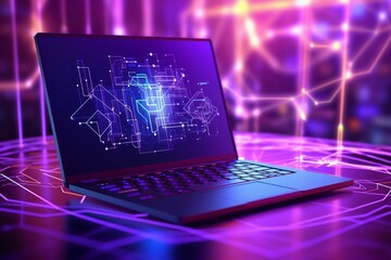Futuristic tech backdrop with laptop and electronic diagrams on screen, amid purple haze. 3D illustration formed with cutting-edge tech. Generative AI