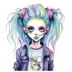 Obraz premium Goth zombie girl for Halloween, pastel colors, watercolor style in pastel colors, isolated on transparent background