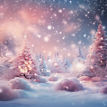 Winter landscape with snow covered trees and snowflakes, Christmas background, Ai Generated