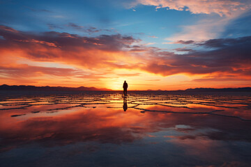 Man Standing on the uyuni salt flat sunset