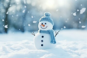 Obraz premium Happy snowman in knitted blue cap and scarf standing in winter landscape. Festive background with a lovely snowman. Merry Christmas and happy New Year greeting card with copy space