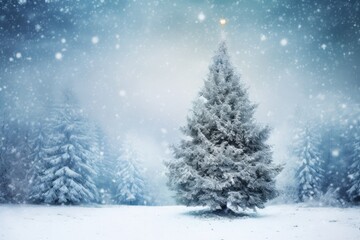 Obraz premium Beautiful Christmas tree with lights in abstract winter snowy landscape. Winter celebration background. Greeting card, banner concept with copy space for december holiday season. Happy New Year