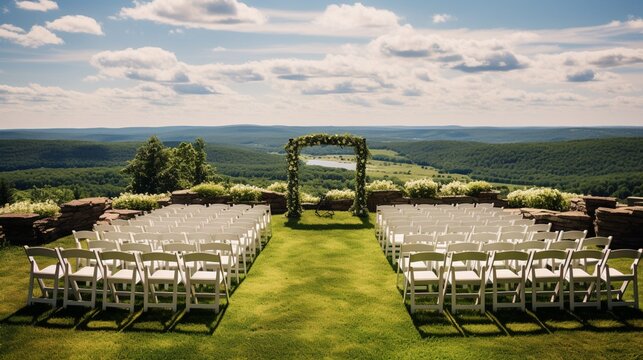 A picturesque view of the wedding ceremony site with rows of chairs set against a breathtaking natural backdrop