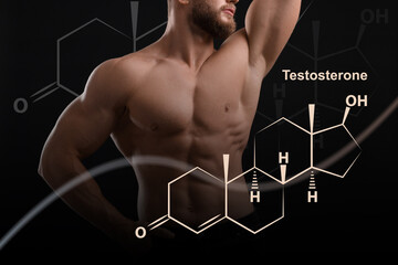 Fototapeta na wymiar Muscular man and structural formula of testosterone on black background, closeup
