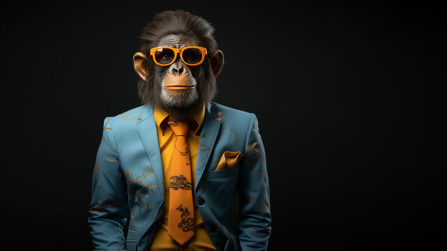Affe Cartoon Tiere als Gesch&auml;ftsmann im Anzug verkleidet schaut cool in die Kamera im Querformat f&uuml;r Banner und Poster, ai generativ