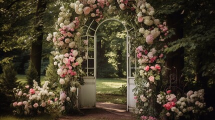 Fototapeta na wymiar Whimsical outdoor wedding ceremony with a vintage door arch, creating a picturesque entrance for the bride