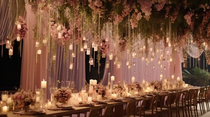 Whimsical wedding decor with hanging fairy lights and cascading flowers, adding a magical touch to the celebration - obrazy, fototapety, plakaty