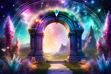 An ancient celestial archway made of shimmering, translucent crystal