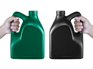 A canister with engine oil in a hand, transparent background