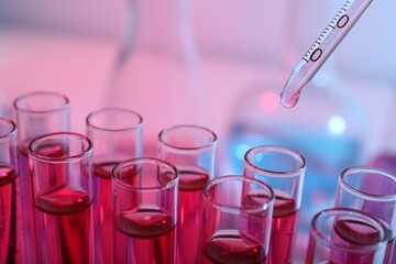 Dripping reagent into test tube with red liquid, closeup. Laboratory analysis