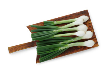Whole green spring onions isolated on white, top view
