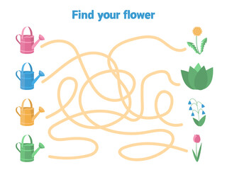 A fun labyrinth maze for children. Find your flower and watering can by color. A collection of educational games for children. Vector illustration for children's book.

