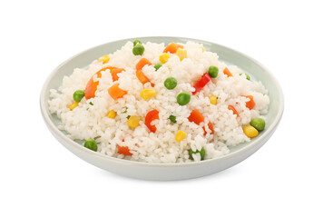 Delicious rice with vegetables isolated on white
