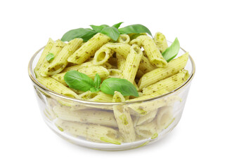 Delicious pasta with pesto sauce and basil isolated on white